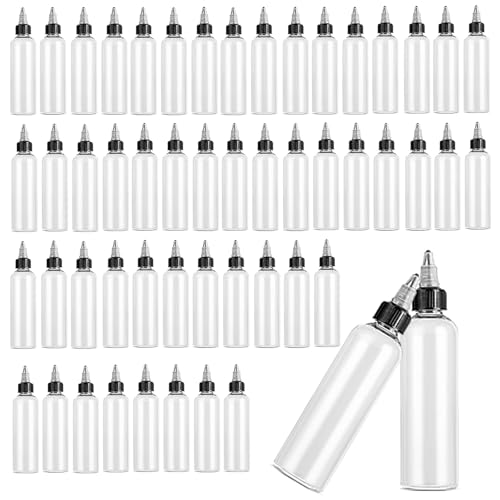 High-PQ 50 Pack Clear Dispensing Bottles, 4oz Round Plastic Squeeze Bottle with Twist Top Caps,Food Grade Household for Oils, Liquids, Inks, Crafts, Kitchen