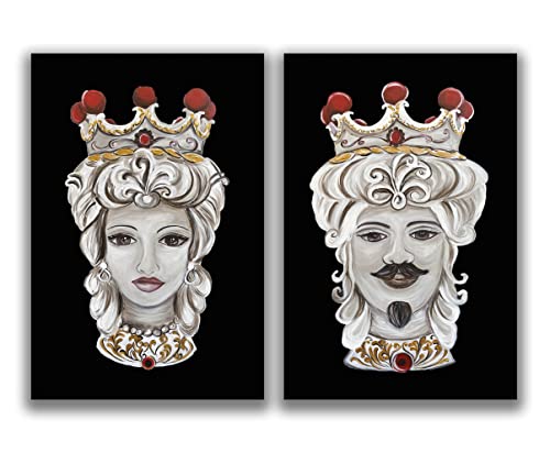 DIAMOND HOME Dipinto a Mano Acrilico su Tela Struttura in legno | Quadro Materico Rettangolare con Dettagli in Rilievo | Set da 2 Dipinti (65 x 100 CM) Made in Italy SET TESTE DI MORO BLACK