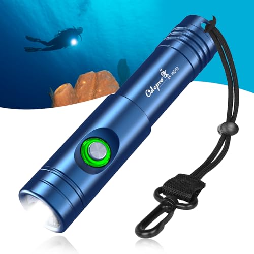 Odepro WD12 Dive Light - 980 Lumens Compact Scuba Diving Backup Light with 3 Modes, IP68 Waterproof Submersible Torch, Underwater Snorkeling Flashlight with Push Button (Blue)
