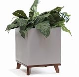 NMN Designs Madeira Modern Cube Planter with Hardwood Base - 16' x 16' x 20' Inch Tall, Modern Square Planter Box. Brushed Aluminium Planter, Best Metal Planter Indoor, Mid-Century, Modern