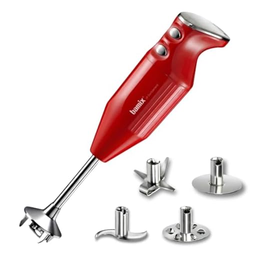 bamix Stabmixer Set M350 MAXX inkl. Multifunktions-, Fleisch-, Gemüsemesser, Quirl, Schlagscheibe aus Edelstahl, 300 Watt, 2-Stufen, Made in Switzerland, Rot/Chrom