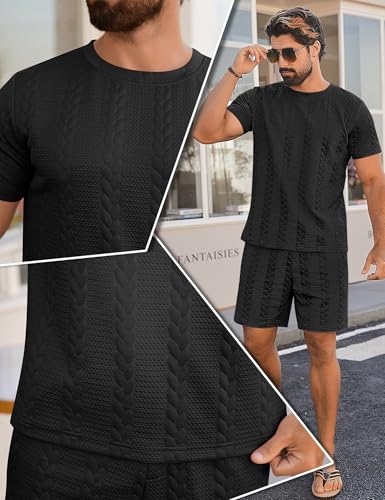 Babioboa Men's Short Sleeve Tracksuit Summer T Shirt & Shorts set Striped Jaquard Solid Two Piece Casual Daily Duty-off3