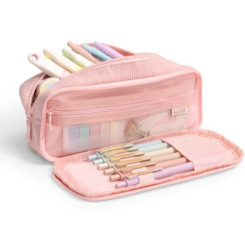 Image of SUNEE Pencil Case, Large Capacity Pencil Pouch, Aesthetic Big Pen Bag, Soft Corduroy Pen Box for Office Stationery Organizer School Supplies Multifunctional for Teen Boys Girls Women Men, Soft Pink