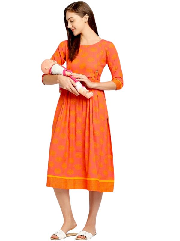 Image of DUMMY SHAPE Maternity Dresses for Women Cotton | Feeding Anarkali Kurta with Concealed Nursing Zippers for Pre & Post Pregnancy | Mom to Be Gifts (DS-MAT-P051-M, Orange)