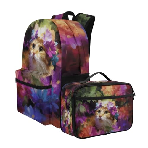 Fairy Kitten Print Kids Backpack Set with Animal Design Lightweight Large Capacity School Bookbag with Lunch Box for Teens2