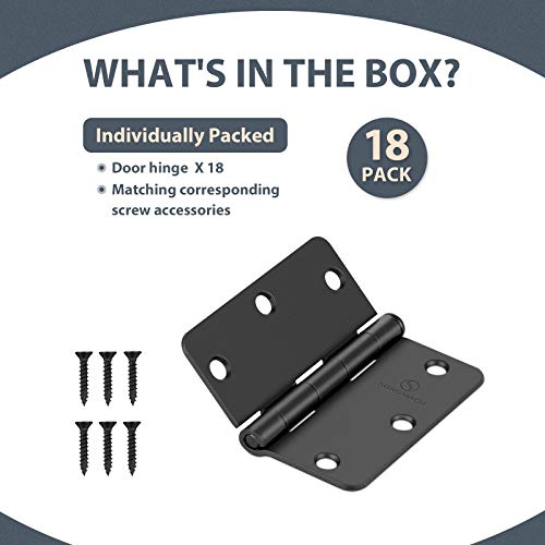 Door Hinges 3 1/2 Inch Matte Black 3.5 Inch Interior Black Hinges 1/4" Radius Iron Hinge 3 ½"x 3 ½" Door Hardware - 18 Pack by SORGMACH - Image 3