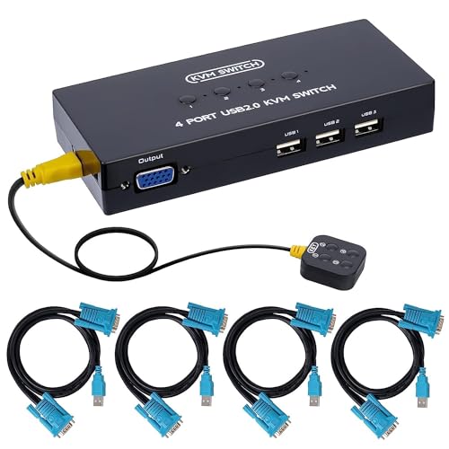 Image of VGA KVM Switch 4 Port, USB VG-A KVM Switcher for 4 Computers Share 1 Monitor 3USB Devices Keyboard Mouse Scanner Printer, With 4 KVM Cables & Desktop Control (4 PORT VGA USB KVM Switch Selector)