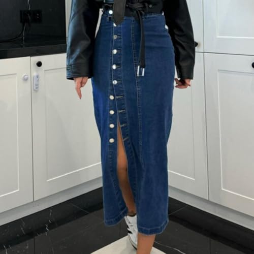 Womens Button-Down Denim Skirts Casual Side Slit Knee Length Stretch Jean Skirts3