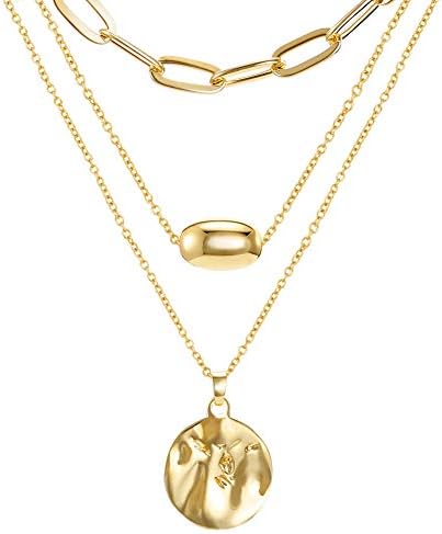 FAMARINE Gold Layered Pendant Long Necklace, 3 Layer Choker Necklace Chain Pendant Costume Jewelry for Women