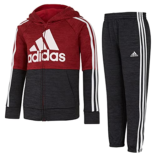adidas Boys' Zip Front Brand Love Fleece Hoodie and Joggers Set, Team Victory Red Heather, 3T