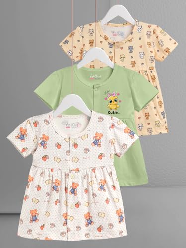Image of HELLCAT 100% Cotton Baby Frock Dress for Girls - Pack of 3, Soft & Trendy, Short Sleeve