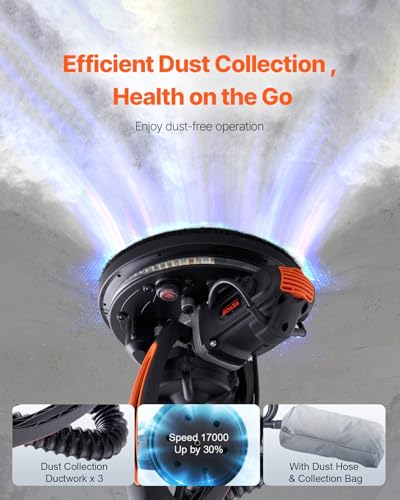 Image of VEVOR Wall Smoother, 900W Electric Tool with 12 Sanding Discs, 800 to 1800 RPM Speed, 3 Vacuum Hoses, Collapsible for Ceiling Use, Dual LED Lights, Telescoping Handle, and Built-in Dust Collector