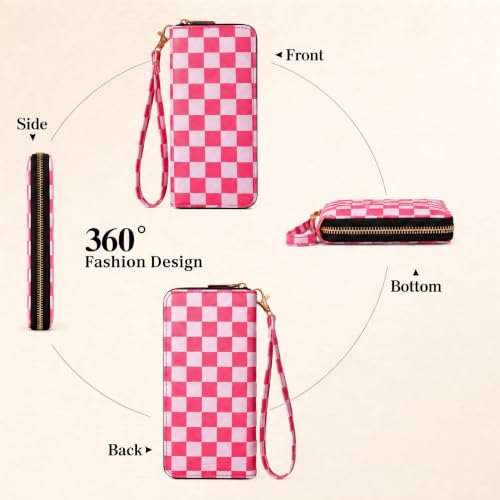 Image of Pink Checkered Wallet for Women, Zip Around Wristlet Wallet | Detachable Wrist Strap, Large Capacity for Phone, Cards, Cash & Travel