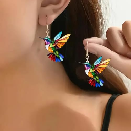 Hummingbird Earrings for Women, 925 Sterling Silver Hypoallergenic Dangle Colorful Cute Bird 2D Novelty Drop, Acrylic Gold Plated Animal Dangling Lightweight Valentines Trendy Jewelry2