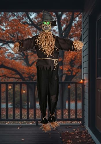 Fun Costumes Hanging Scarecrow Animatronic | Halloween Decoration with Flashing Green Eyes Spooky Sounds and Posable Arms