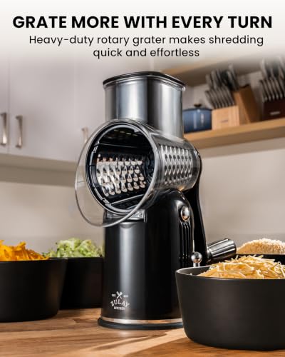Image of Zulay Kitchen Rotary Cheese Grater 5 Blade Cheese Shredder - Manual Hand Crank Cheese Grater With Reinforced Suction & 5 Interchangeable Drums - Easy to Use, Vegetable Chopper Round Mandoline Slicer