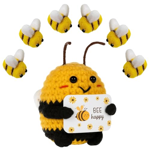 Yuwnd 7 Stück Bienen Deko, Biene Kuscheltier, 1 Positive Biene & 6 Kleine Filz Bienen, Glückliche Glücksbringer mit Positiver Energie für Babyparty Kostüm DIY Handwerk Anhänger Hut Deko