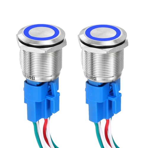 DMiotech 16mm / 5/8 Stainless Steel Momentary Push Button Switch Flat Head 5A 12-24V Silver Shell 5 Pin with Cable Socket Blue Ring LED 1NO1NC for Car Boat Systems Custom Setups