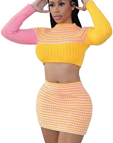 LAXiMU Women's 2 Piece Outfits Long Sleeve Splicing Leisure Stripe Suits Crop Top Bodycon Sweater Mini Skirt Set Yellow