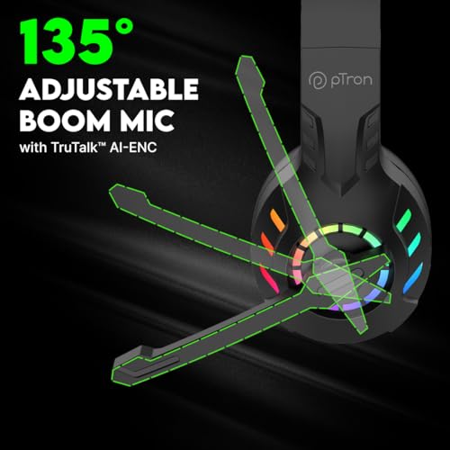 Image of pTron Studio Sports Wireless BT Gaming Over-Ear Headphones, 30MS Low-Latency for Thrilling Gaming Experience, RGB Lights, Boom HD Mic w /AI ENC, 60Hr Playtime, Punchy Sound, Type-C Fast Charging(Sable)