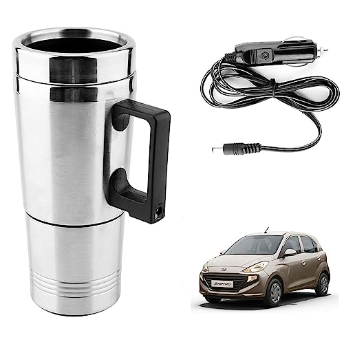 Image of Oshotto 12V Stainless Steel Car Heating Kettle /Mug, Travel Friendly electric Tea /Coffee maker Compatible with Hyundai Santro 2018-2026 (300ml) - Silver