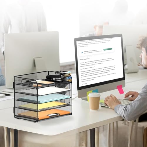 SUPTIDY Schreibtisch-Organizer mit 5 Etagen, mit Griff und abnehmbaren Stifthaltern, Netz-Papier-/Akten-Organizer für den Schreibtisch, Papier-Briefablage für Bürobedarf (Schwarz)