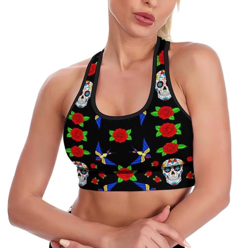 Comfortable Floral Rose Bird Sugar Skulls Yoga Vest for Women Girls, Racerback Tank Tops with Pads Bounce Control Activewear for Sports Fitness