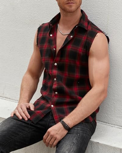 Mens Sleeveless Flannel Shirt Plaid Casual Button Down Shirts Vest4