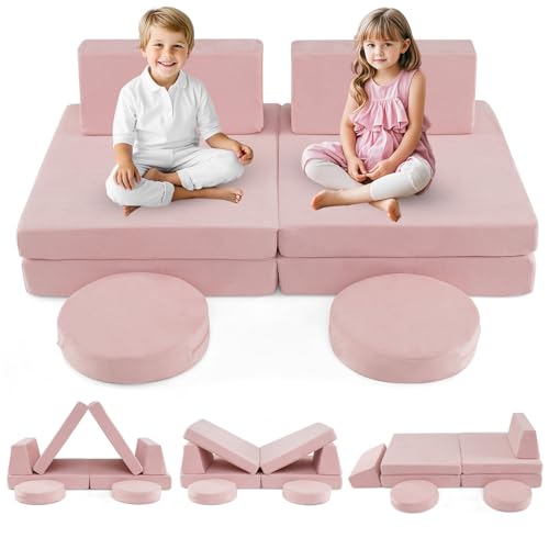 INFANS Modular Kids Play Couch, 6 PCS Toddler Creative Sectional Fort Building Sofa for Playroom, Bedroom, Children Convertible Soft Foam Furniture Playset and Floor Cushion for Boys and Girls (Pink)