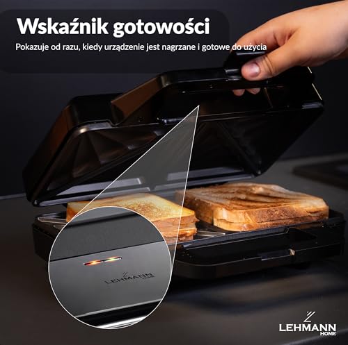 LEHMANN Opiekacz do kanapek XXL – bardzo duże płyty do kanapek – opiekacz XXL na 2 kanapki w kształcie muszli – powłoka zapobiegająca przywieraniu – wskaźnik gotowości – łatwe czyszczenie – 1000 W