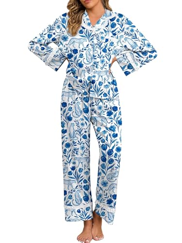 Image of Jusfitsu Women's Silk Satin Pajamas Long Sleeve Ruffle Button Down Pjs Sets