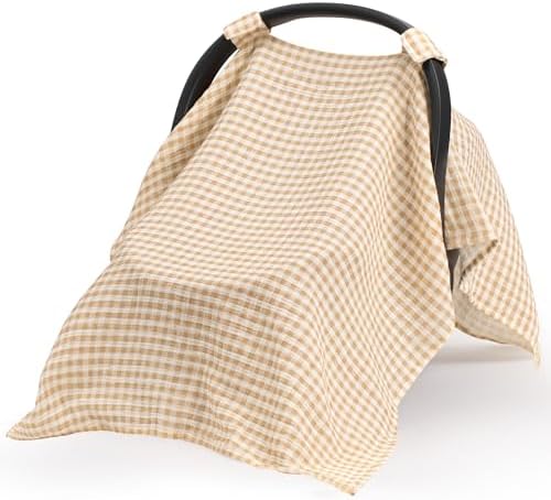 SERAPHY 100% Muslin Cotton Car Seat Covers for Babies, Universal Baby Car Seat Cover, Breathable Muslin Carseat Cover Canopies for Boys and Girls, Soft Infant Car Seat Cover for Summer — Beige