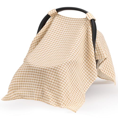 Image of SERAPHY 100% Muslin Cotton Car Seat Covers for Babies, Universal Baby Car Seat Cover, Breathable Muslin Carseat Cover Canopies for Boys and Girls, Soft Infant Car Seat Cover for Summer - Beige
