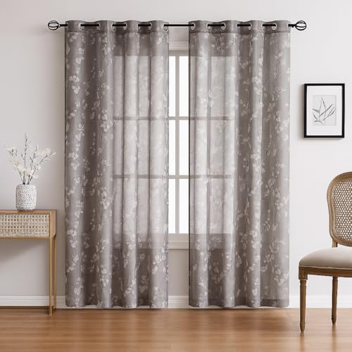 Image of BFAM Sheer Curtain with Floral Print, Premium Printed Sheer Drapes, Eyelet /Grommet Curtain for Living Room, Bedroom, Light Filtering Curtains, Brown Floral 8 Feet,Pack of 1 Curtain