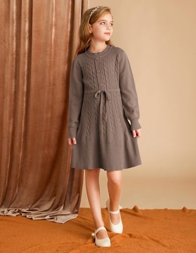 GRACE KARIN Girls Sweater Dress Fall Winter Long Sleeve Kids Fashion Drawstring Waist Cable Knit Dresses Size 5-124