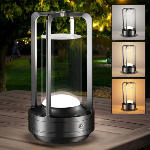 Image of Portable Table Lamp for Outdoor Indoor: Cordless Rechargeable Desk Lamp with 3 Color Stepless Dimmable - Metal Battery Operated Lantern Light for Bedroom /Bar /Coffee Shop /Camping (Graphite)