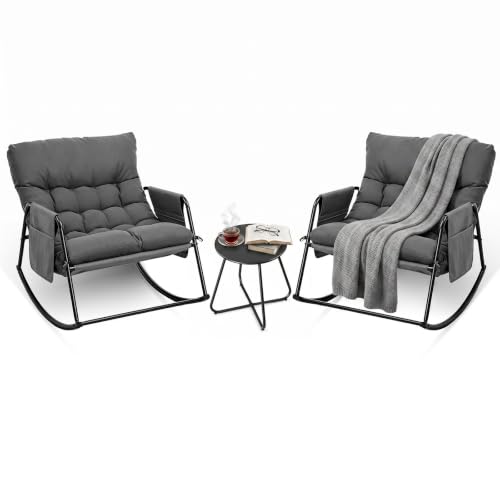Bonnlo Sillón Mecedora Set de 2 con Mesa Auxiliar, Sillones Mecedora Papasan de Exterior con Cojines Gruesos, para Jardín y Terraza, Gris