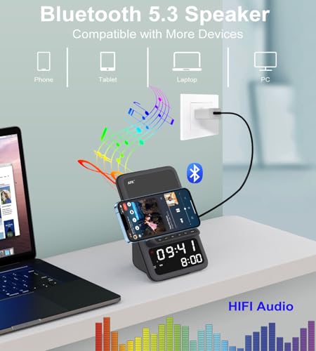 AFK Wireless Charging Station with Bluetooth Speaker and Alarm Clock,Wireless Charger Compatible with iPhone,Android Phones(Black) - Image 4
