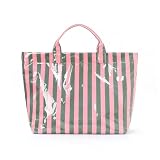 Striped PVC Tote Bag for Women, Large Plastic Checkered Hobo Handbag with Letters Print, Lightweight Tote for Summer (Green-Pink)