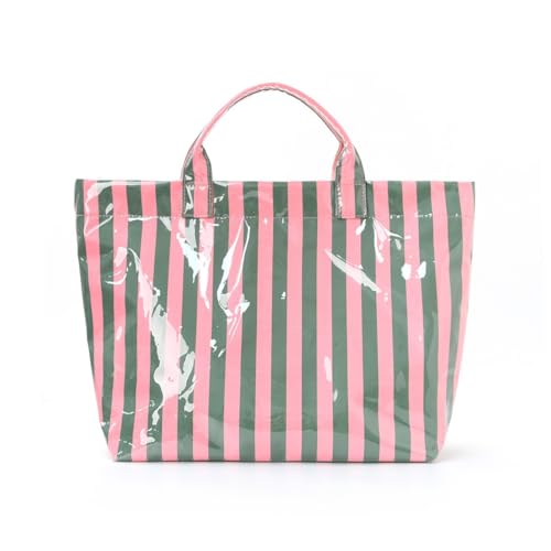 Striped PVC Tote Bag for Women Large Plastic Checkered Hobo Handbag with Letters Print Lightweight Tote for Summer (Green-Pink)