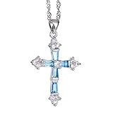 RIZILIA Crucifix Cross Pendant with 45cm(18') Chain & Trapezoid Cut Gemstones CZ [Aquamarine] in 18K White Gold Plated, Simple Modern Elegance