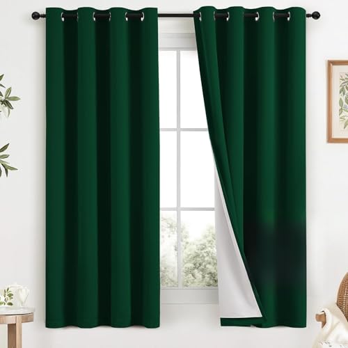 Image of COSVIYA Drak Green 100% Blackout Curtains for Bedroom with White Back | 2 Thick Layers Full Room Darkening Thermal Insulated Curtain,Grommet Window Drapes for Living Room, 52x63 Inch, 2 Panels