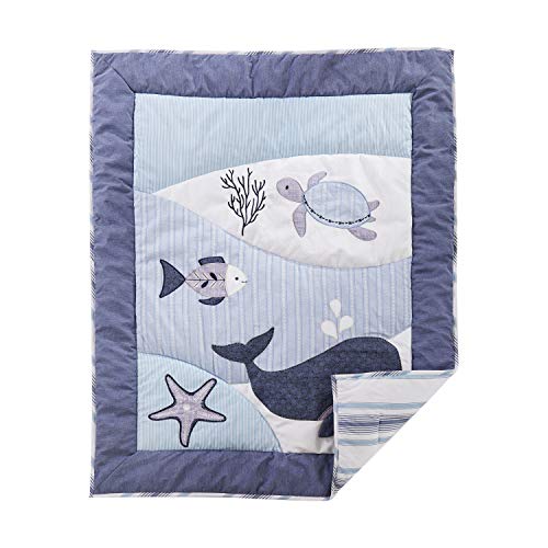 Image of Levtex Baby - Boho Bay Crib Bed Set - Baby Nursery Set - Navy, Blue, Grey and White - Under The Sea - 5 Piece Set Includes Quilt, Two Fitted Sheets, Wall Decal & Skirt /Dust Ruffle