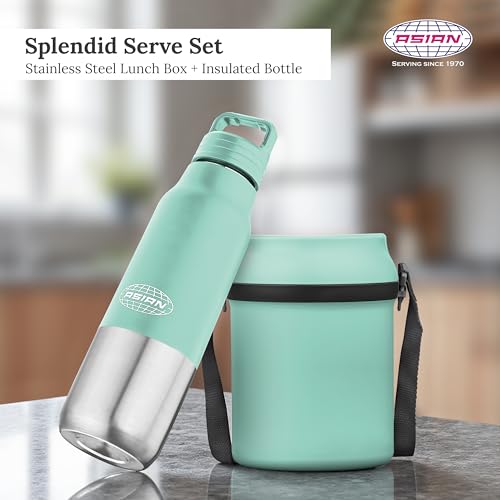 Image of Asian Stainless Steel Lunch Box (700ml) & Insulated Water Bottle (500ml) Combo Gift Set | Leakproof Steel Tiffin & Flask for Kids | BPA Free Back to School Essential Kit (Green)