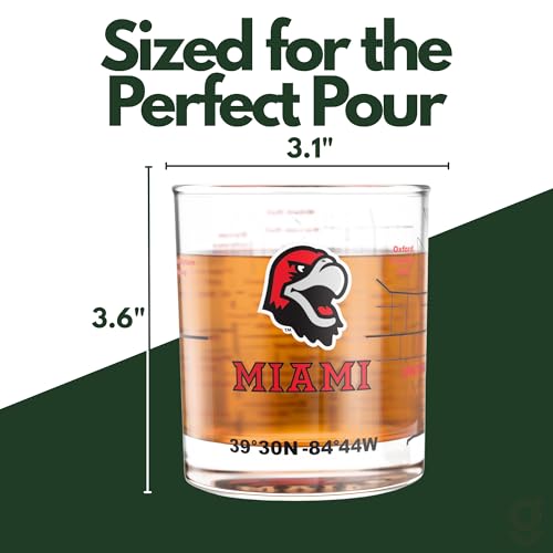 Image of Greenline Goods Miami University RedHawks Whiskey Glasses Set of 2, 10 oz Rocks Glasses with Full-Color Logo & Campus Map - Officially Licensed Bourbon Glass Gift for Alumni & Fans