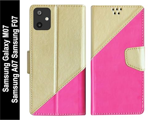Image of SBMS Flip Cover for Samsung Galaxy M07 / Samsung A07 / Samsung F07 Back Cover Case with Magnatic Closure | Inbuilt Stand | Card & Money Pocket for Samsung A07 (MultiPink)