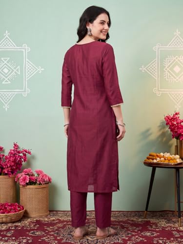 Image of INDO ERA Women's Silk Blend Embroidered Thread Work Kurta & Pant with Dupatta Set | Suit Set For Women