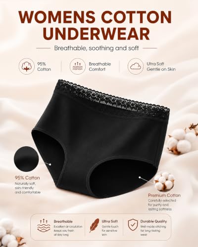 Image of UNDER THE SEA Cotton Underwear for Women High Waisted Lace Briefs Soft Breathable Womens Panties 5 Pack S-3XL