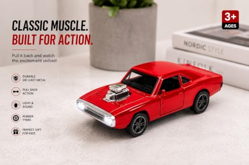 Image of 1970 Dodge Charger Die-Cast Toy Car for Kids - 1:36 Scale Pull Back Metal Model Car with Openable Doors, LED Lights & Music | Vintage Muscle Car Collectible Toy (Red)