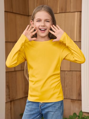 Image of Haloumoning Girls Long Sleeve Shirts Crewneck Ruched Side Slim Fit Tops Ribbed Knit Casual Tee Shirt 4-15 Years